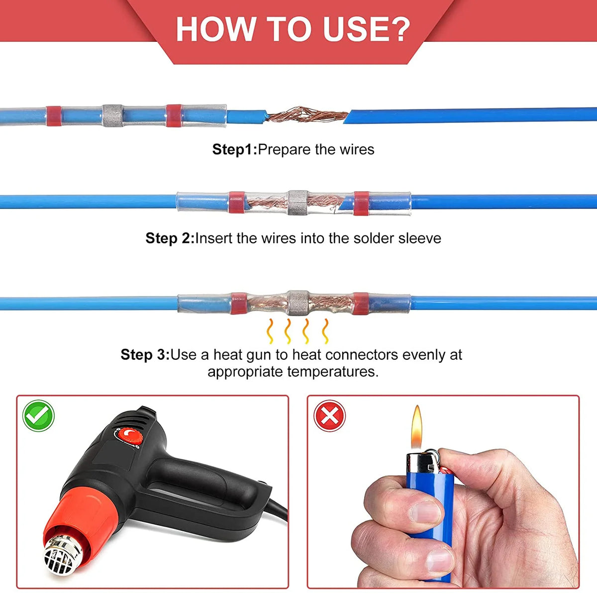 300 pc 22-18 AWG Red Waterproof Insulated Heat Shrink Butt Connectors T3939
