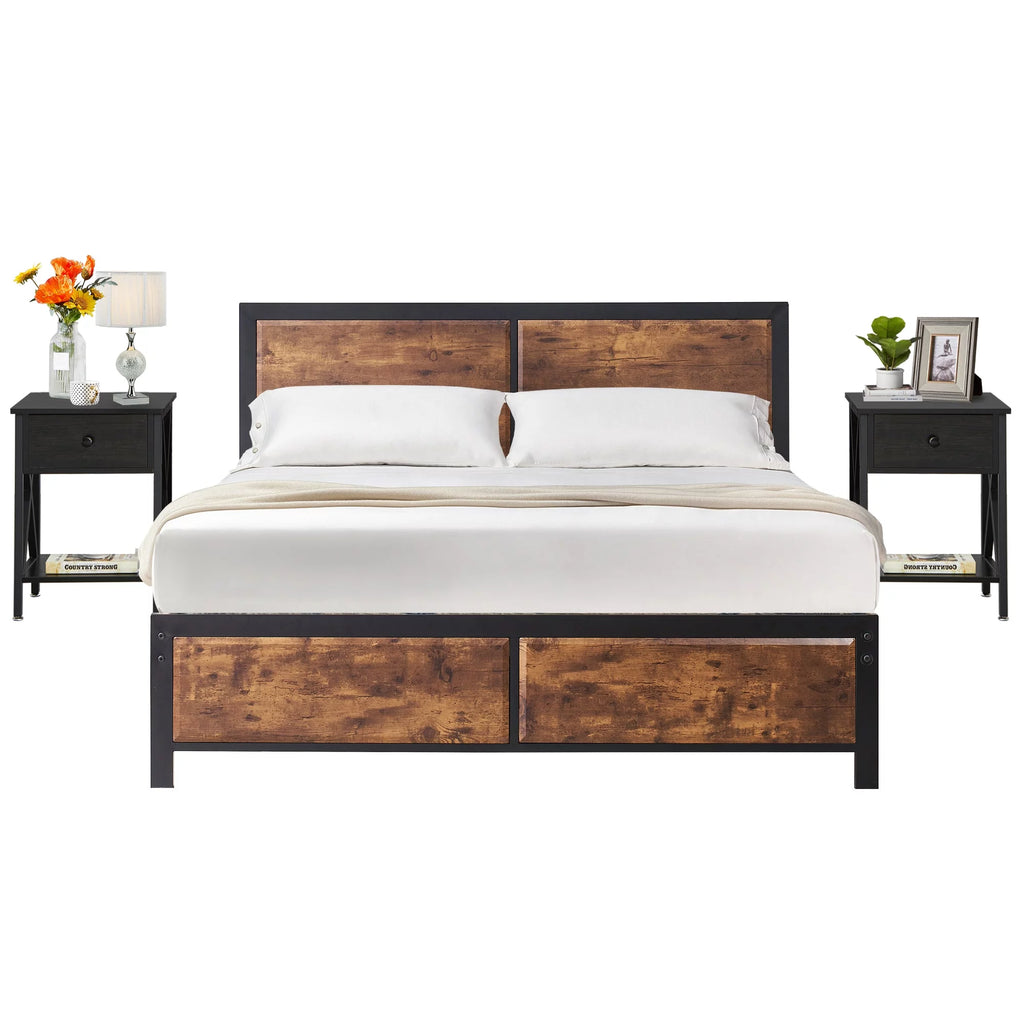 3-Piece Bedroom Set with Queen Size Bed Frame and Nightstands I9385