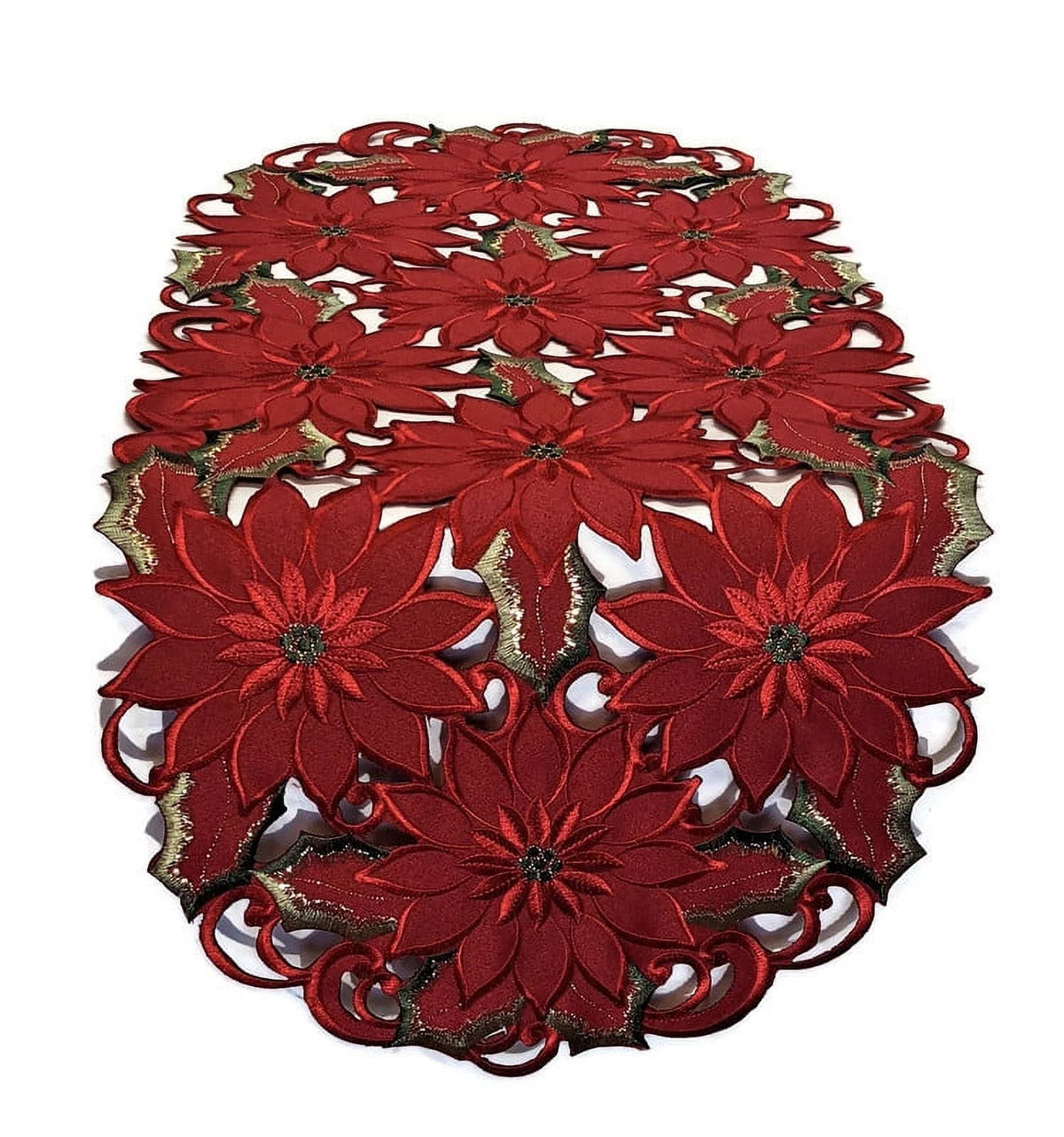 Christmas Table Runner with Red Cutwork Poinsettias, 34 x 15 inches T278