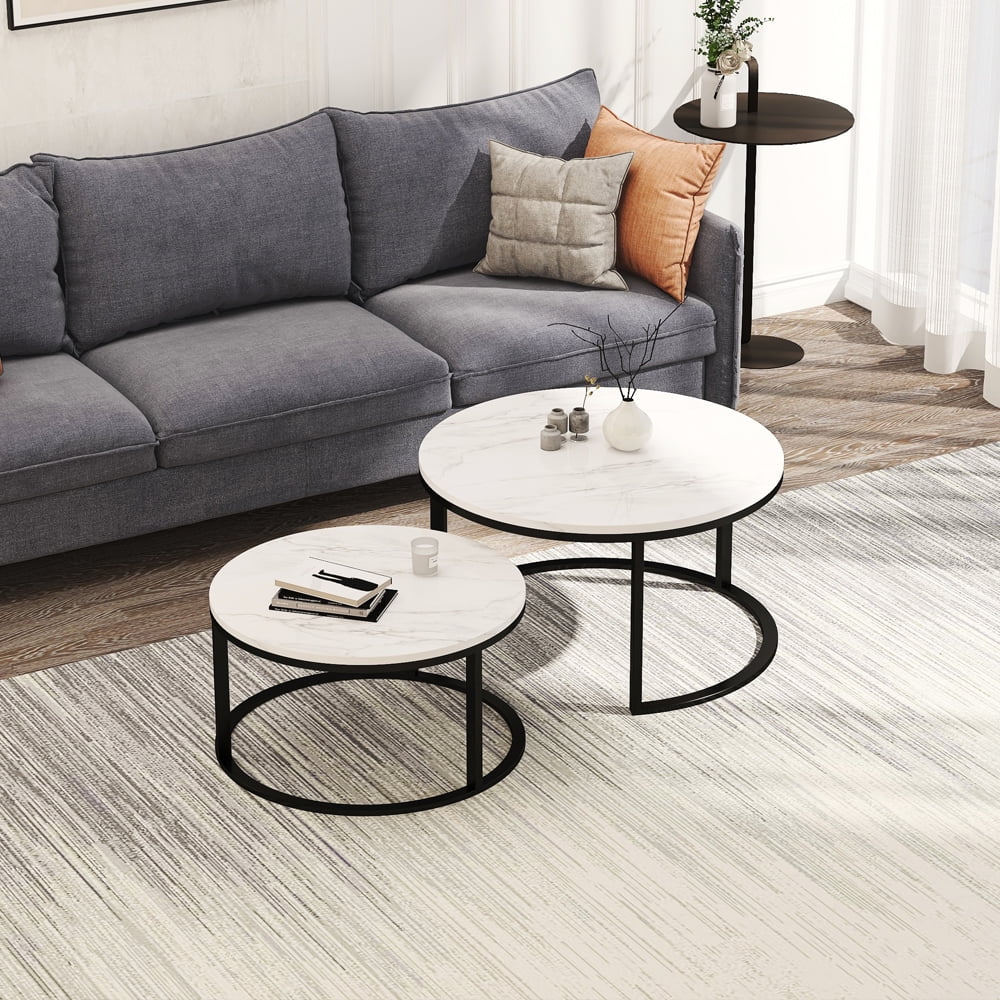 Set of 2 Round Nesting Coffee Table Wood Top Metal Frame K9998