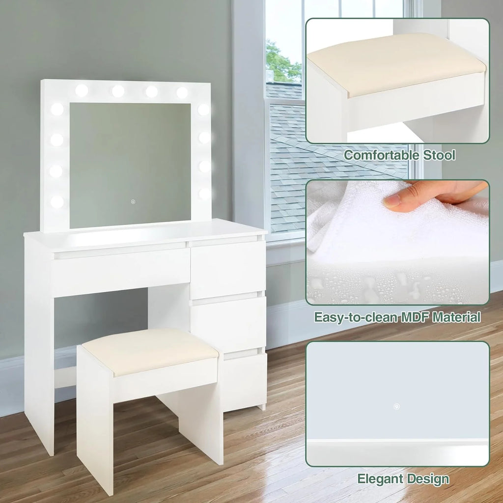 White Makeup Vanity Set with Lights, 4 Drawers and Cushioned Stool T300834