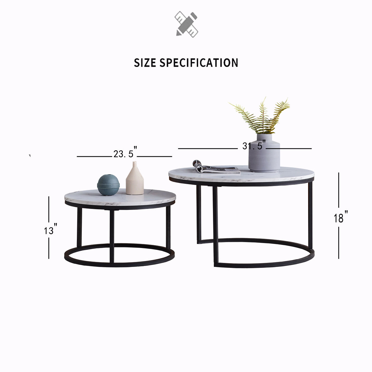 Set of 2 Round Nesting Coffee Table Wood Top Metal Frame K9998