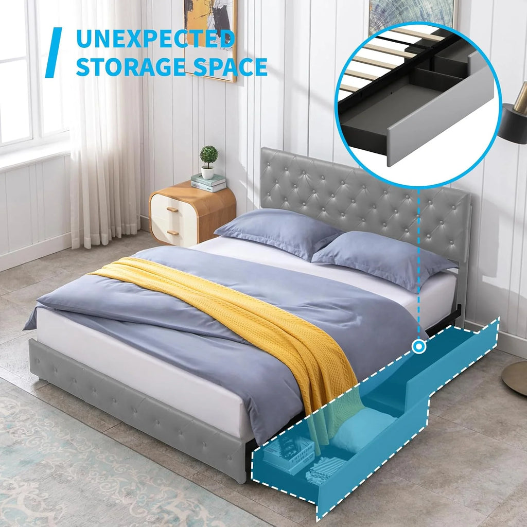Upholstered California King Platform Bed Frame with 4 Storage Drawers R3821