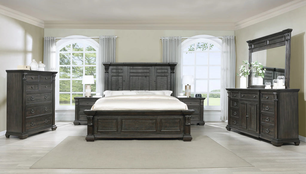 Dark Walnut Wood Panel Queen Bed Dresser Mirror Two Nightstands Chest J273