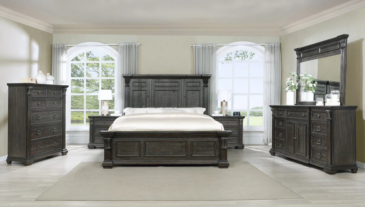 Dark Walnut Wood Panel Queen Bed Dresser Mirror Two Nightstands Chest J273