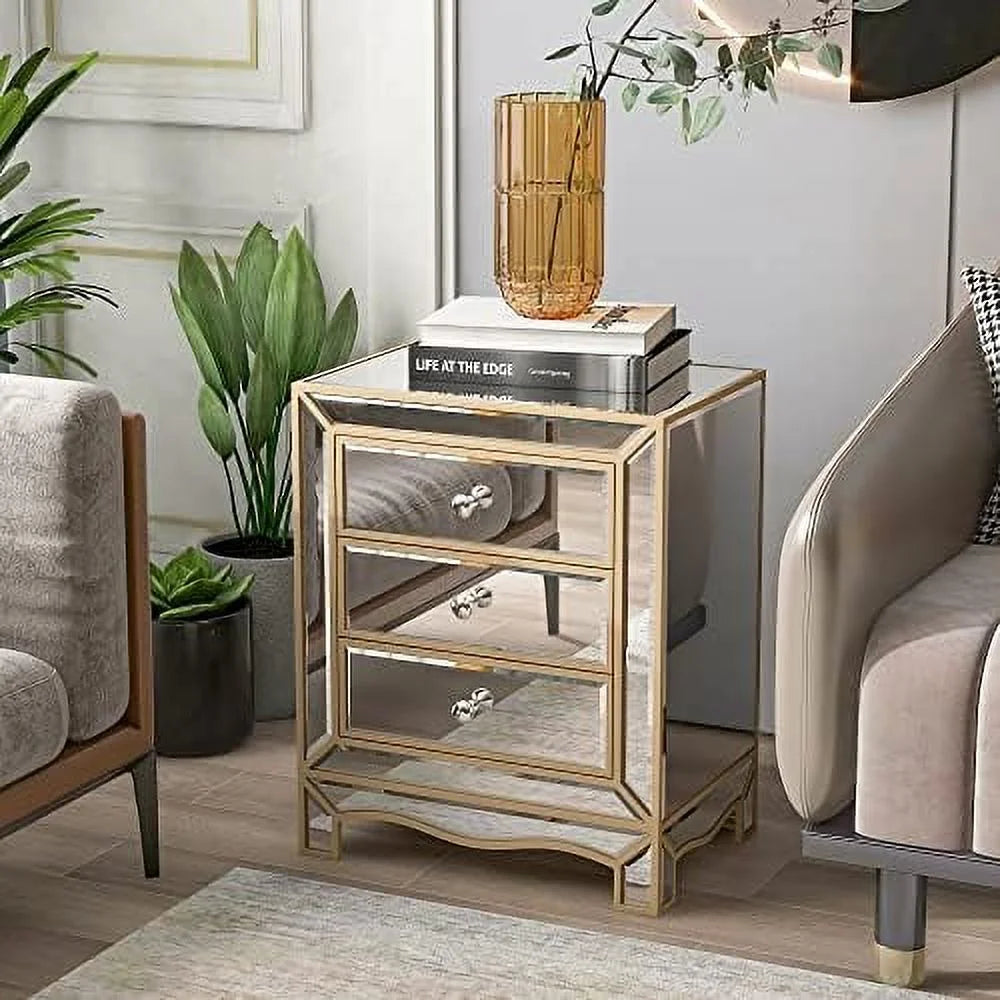 Mirrored Nightstand Bedside Table 3-Drawer Accent End Tables D3805