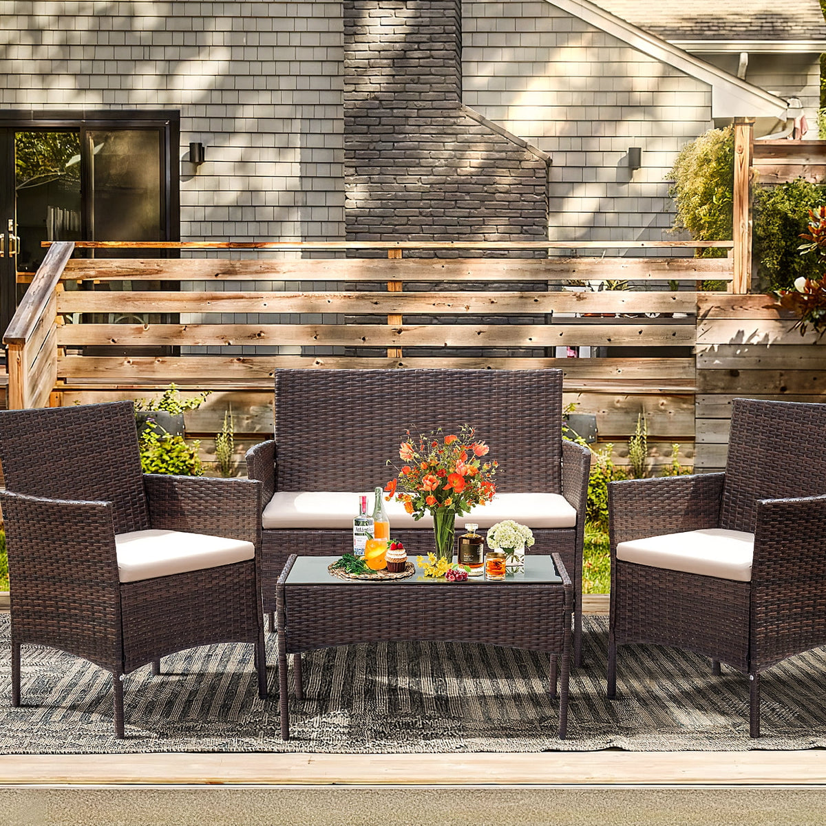 Brown PE Rattan Wicker 4 Pieces Patio Furniture Set with Cushion L529127