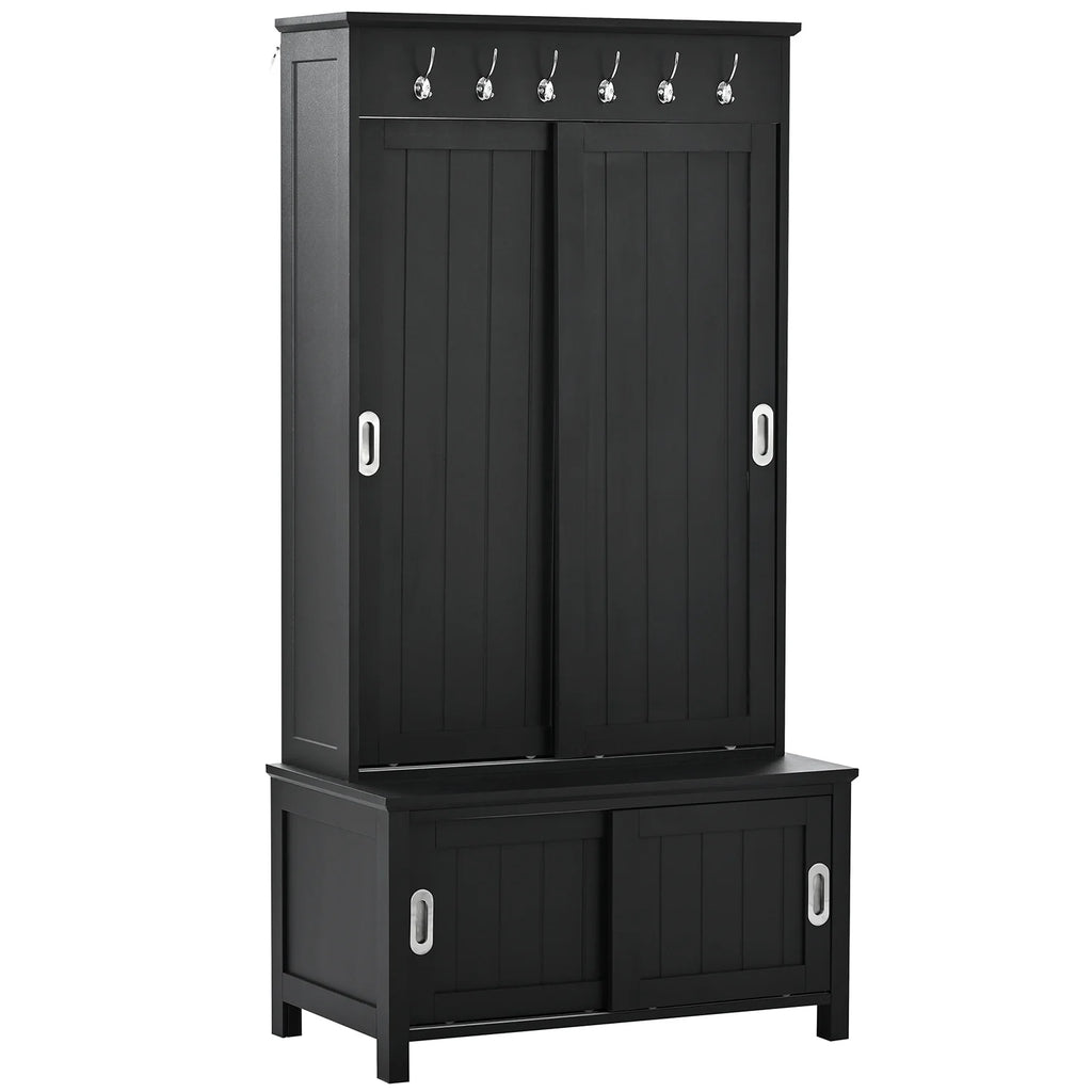 Black Wooden Hall Tree with Bench and Shoe Storage X1396