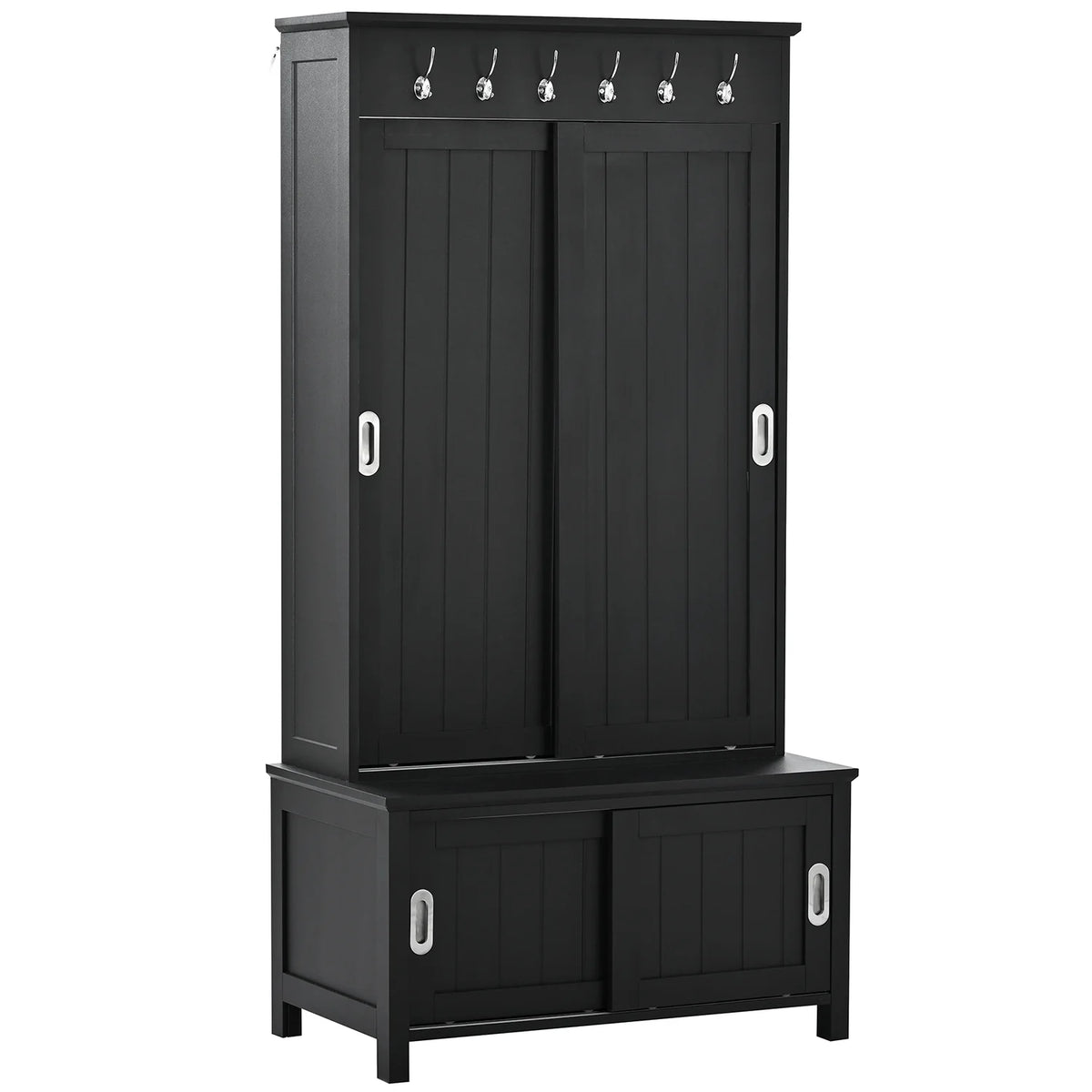 Black Wooden Hall Tree with Bench and Shoe Storage X1396