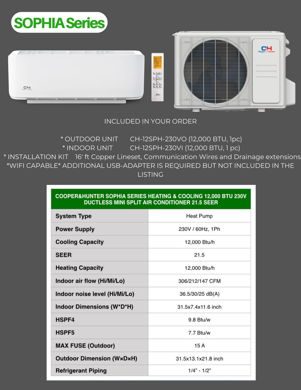 9000 BTU 115V Wall Mounted Mini Split Heat Pump Air Conditioner H605