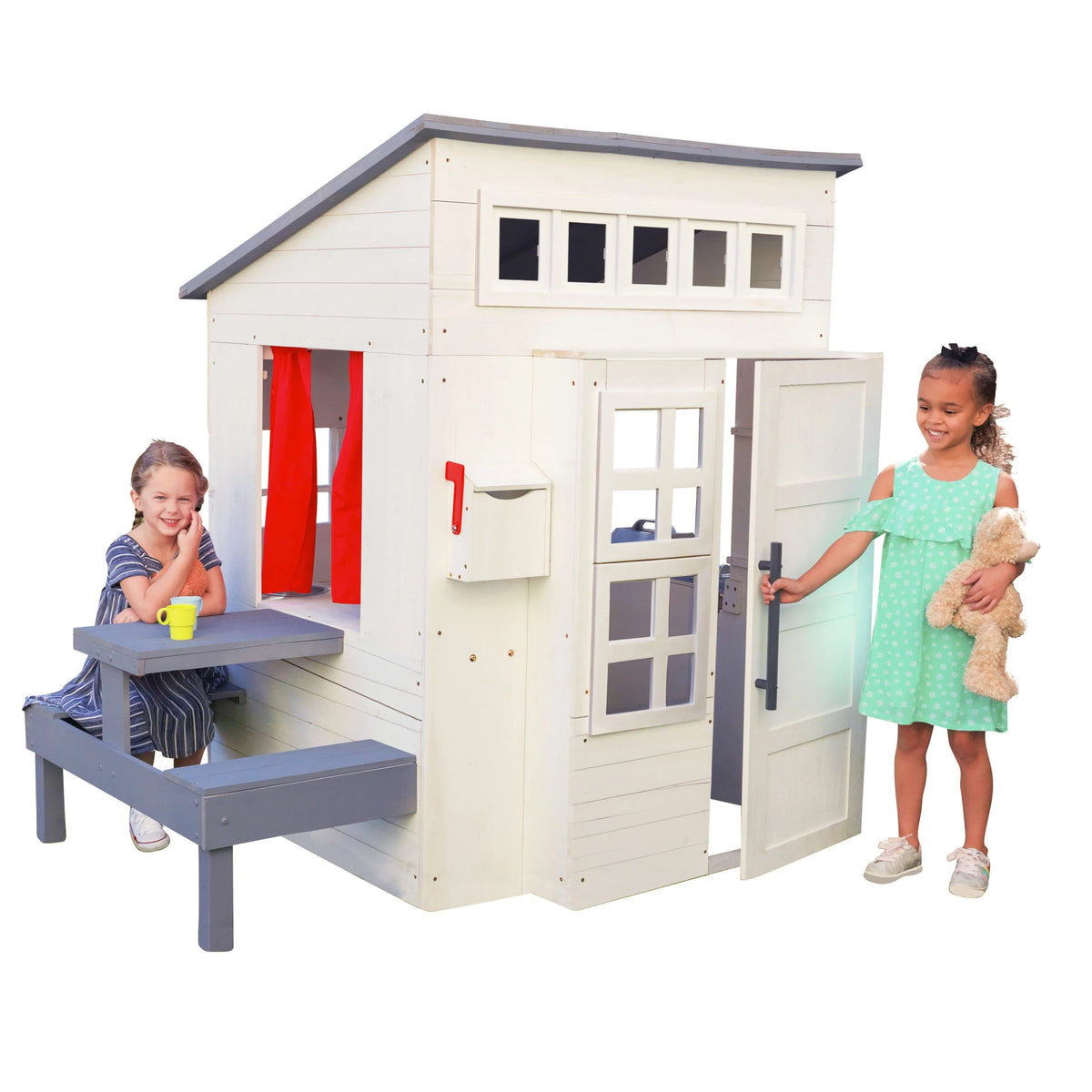 White Wooden Outdoor Playhouse with Picnic Table I6843