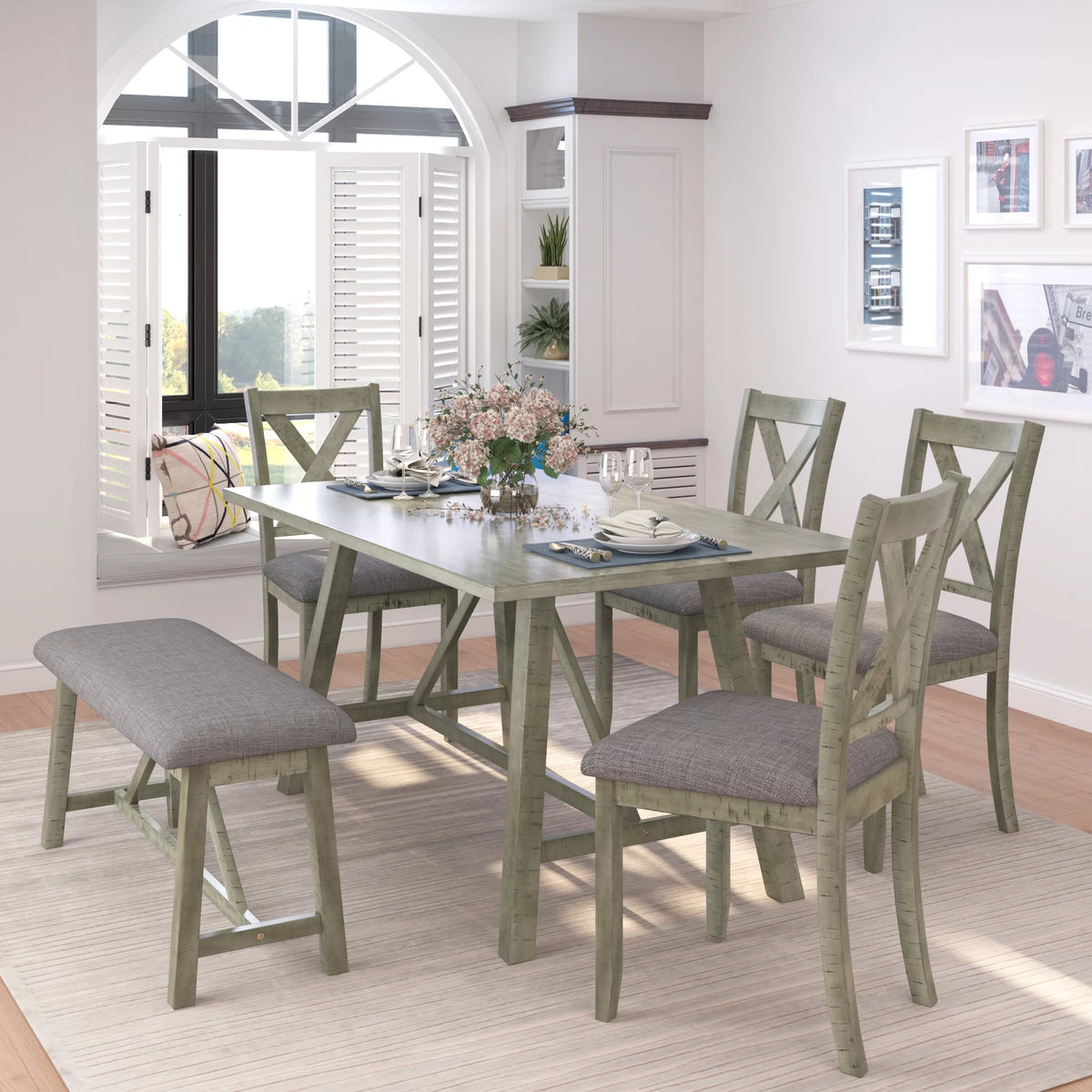 6 Pieces Wooden Rectangular Dining Table Set with Bench and 4 Upholstered Chairs I197593