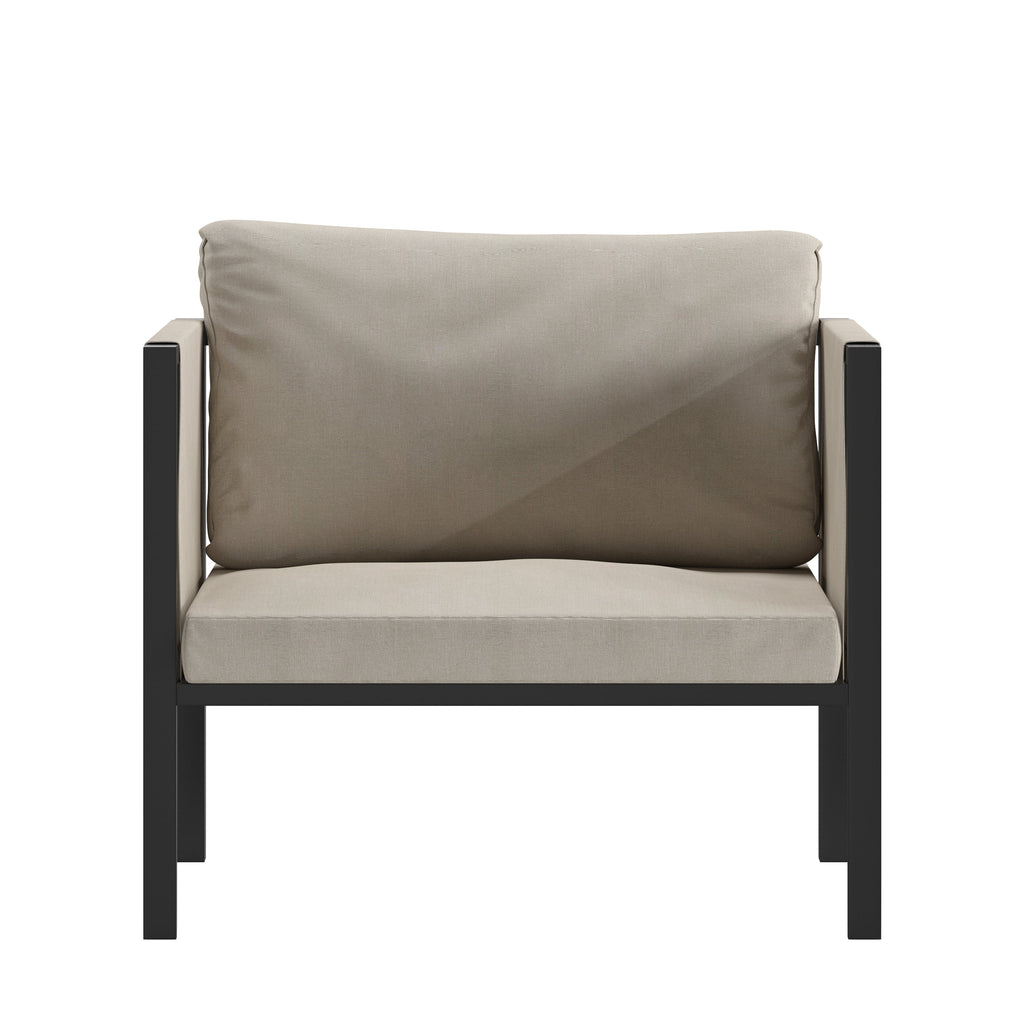 Black Steel Framed Club Chair with Beige Cushions and 2 Storage Pockets H7670