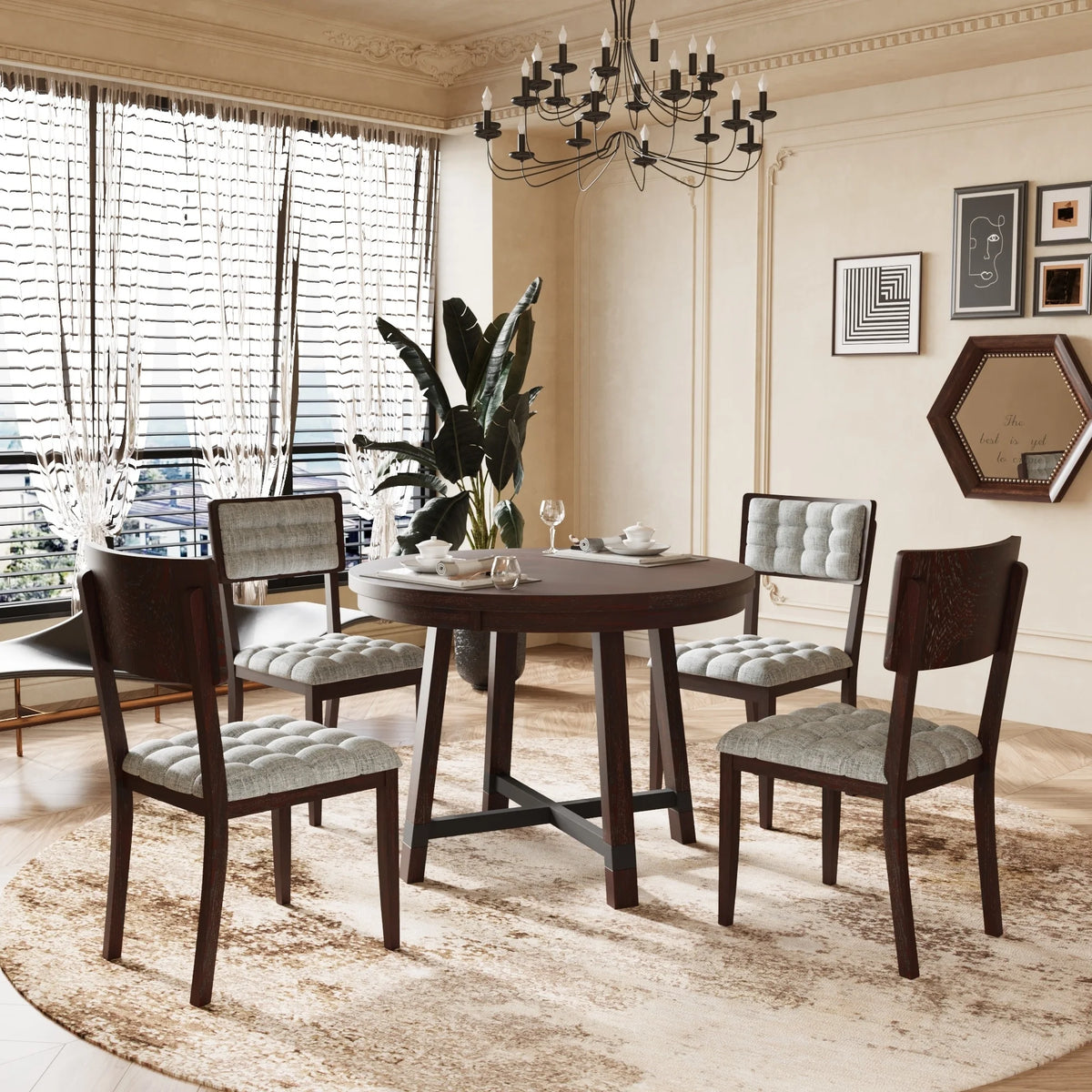 5 Piece Round Dining Table Set with 4 Chairs, Espresso E57847