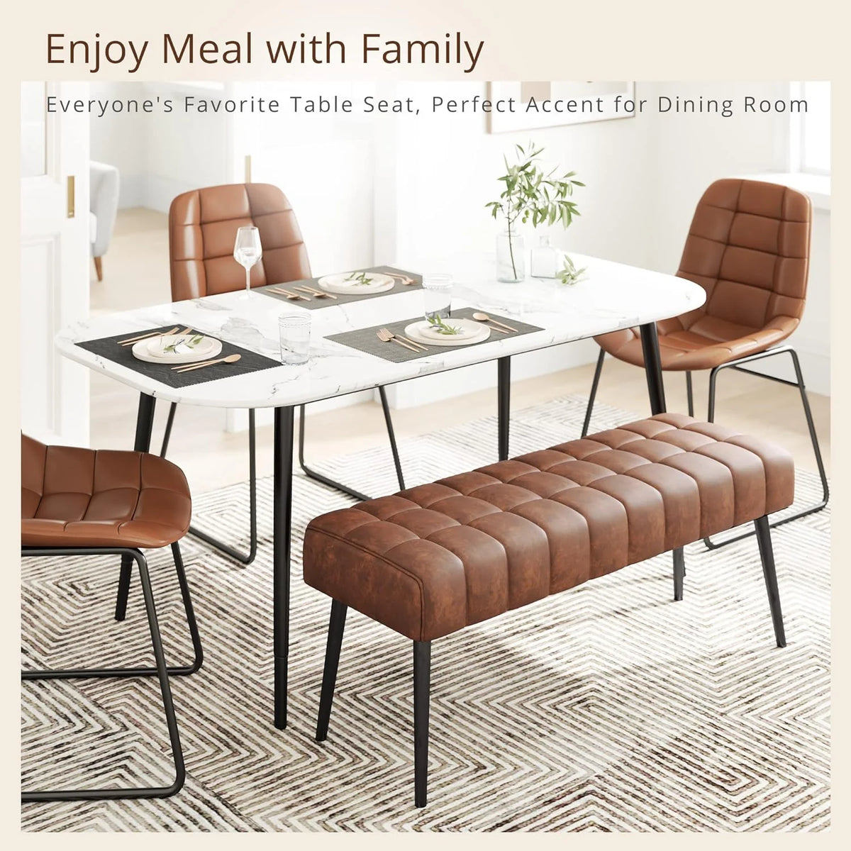Leather Tufted Upholstered Ottoman Bench with Metal Legs G91159