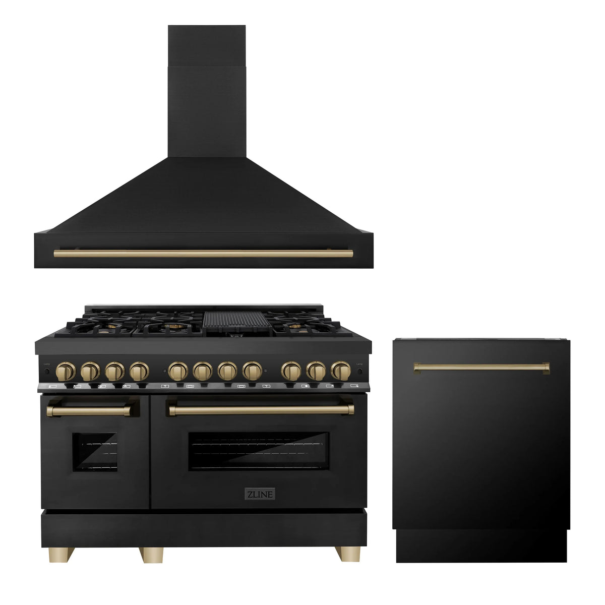 48 In. Dual Fuel Range, Range Hood, Dishwasher in Black Stainless Steel E80450