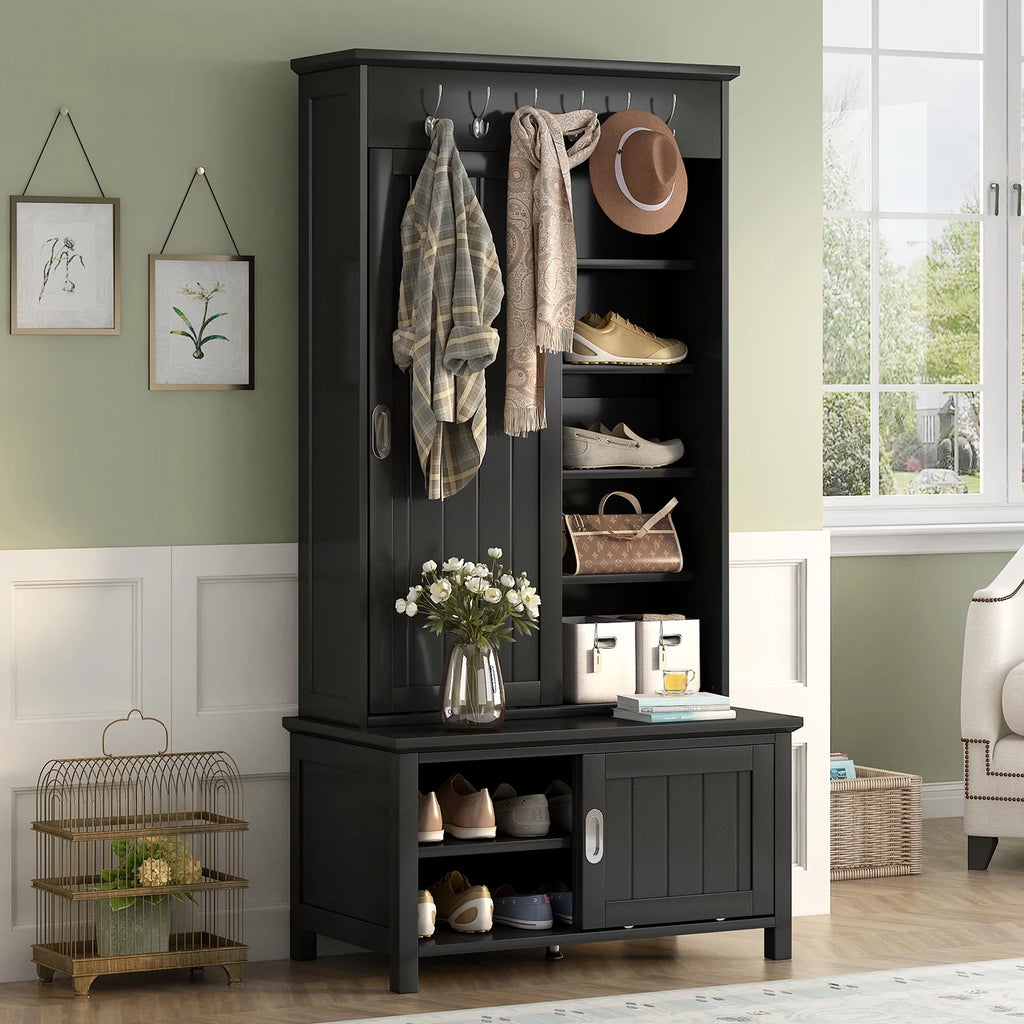 Black Wooden Hall Tree with Bench and Shoe Storage X1396
