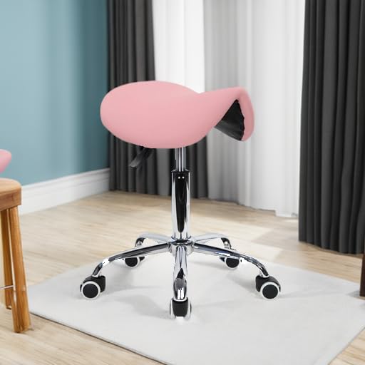 PU Leather Adjustable Rolling Saddle Stool with Wheels Black P141